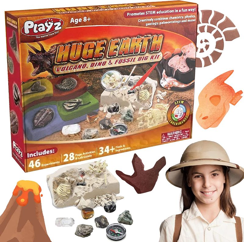 Photo 1 of Playz Huge Earth Volcano, Dinosaur & Fossil Dig Kit - Stem Science Kit for Kids Age 8 9 10 11 12 13+ Years Old - 46+ Fun & Safe Geology Experiments - Kids Toys and Craft Activities for Boys & Girls