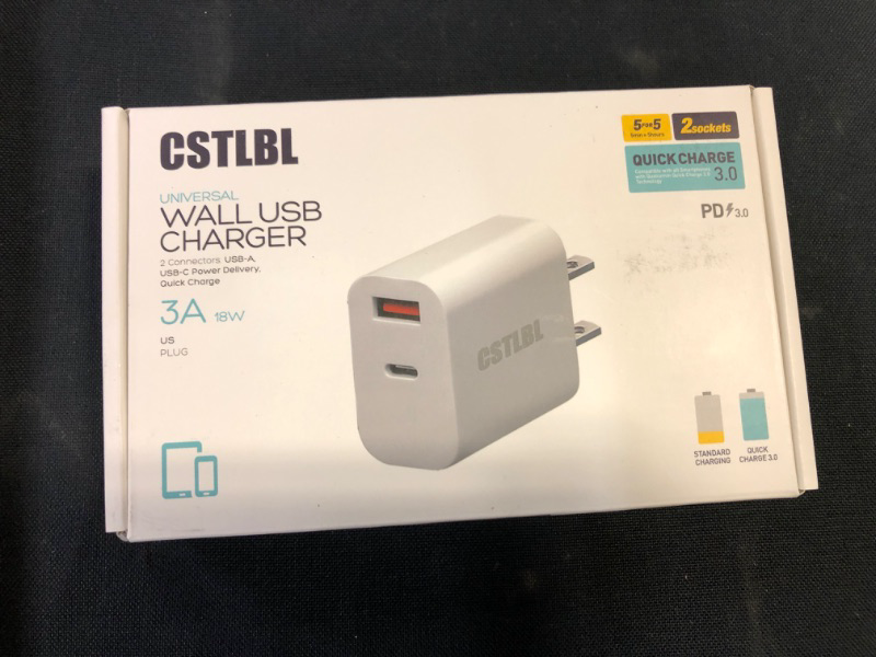 Photo 2 of CSTLBL Wall Charger with USB and C Ports 18W Fast Charge for iPhone iPad and Tablet 2 in 1 Smart Adapter Plug with 1M C to C Cable White 18W White