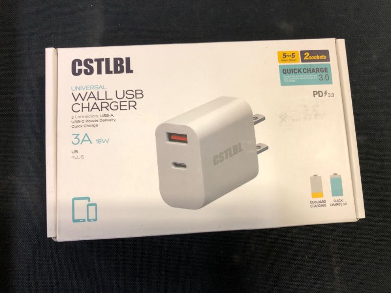 Photo 1 of CSTLBL Wall Charger with USB and C Ports 18W Fast Charge for iPhone iPad and Tablet 2 in 1 Smart Adapter Plug with 1M C to C Cable White 18W White