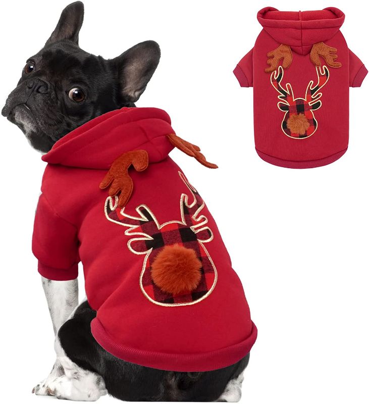 Photo 1 of cyeollo Dog Hoodie Holiday Christmas Outfit Dog Reindeer Lightweight Pet Clothes Puppy Dogs Sweatshirt Hooded Doggie Apparel Red
