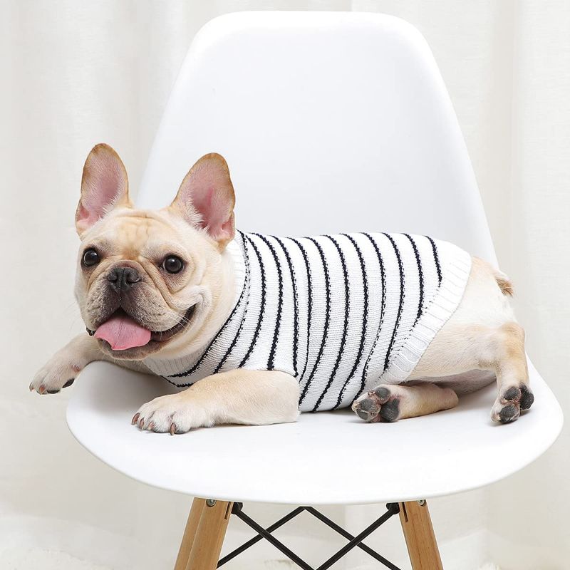 Photo 1 of Dog Sweater Stripe 2 Pack Dog Turtleneck Sweaters Knitted Pet Sweater Soft Warm Vest Knitwear Dog Clothes Suit for Fall Winter Cold Weather (White+Blue,XS)
