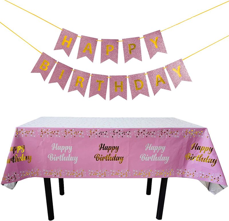 Photo 1 of Nankoo Happy Birthday Banner Pink, Pink Party Decorations for Women Girls Kids Happy Birthday Tablecloth Plastic Tablecloth Party Table Decor 54 x 108 Inch
