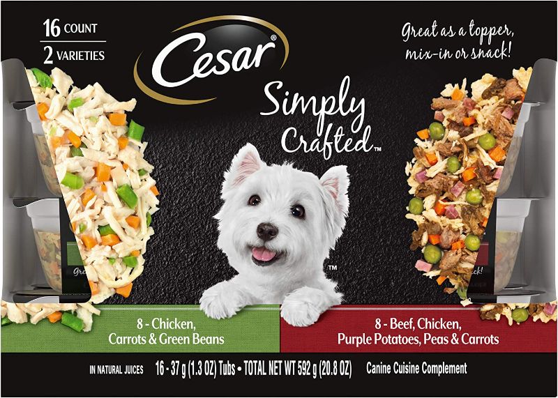 Photo 1 of CESAR SIMPLY CRAFTED Adult Dog Food Meal Topper Variety Pack, Chicken, Carrots, & Green Beans and Beef, Chicken, Purple Potatoes, Peas & Carrots, (16) 1.3 oz. Tubs  -- BB 12/27/2023 --
