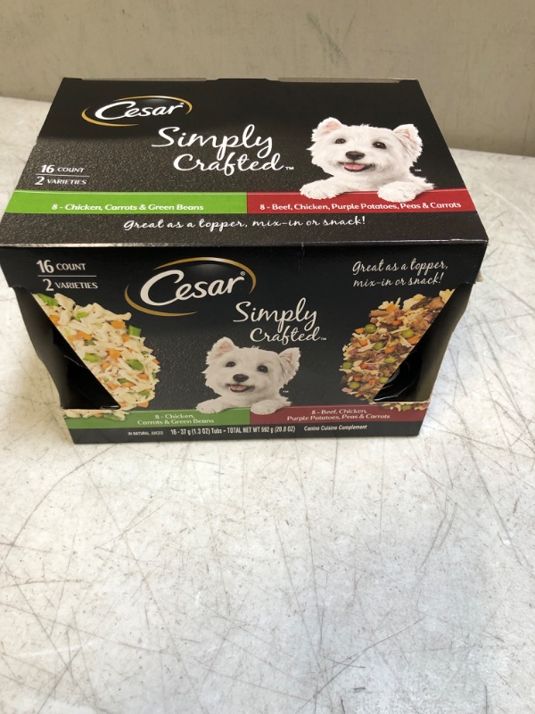 Photo 2 of CESAR SIMPLY CRAFTED Adult Dog Food Meal Topper Variety Pack, Chicken, Carrots, & Green Beans and Beef, Chicken, Purple Potatoes, Peas & Carrots, (16) 1.3 oz. Tubs  -- BB 12/27/2023 --
