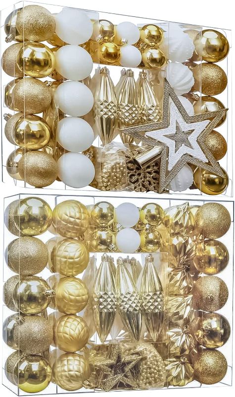 Photo 1 of 100pcs Christmas Balls Ornaments for Xmas Tree, Delicate Christmas Decoration Baubles Craft Set Shatterproof Plastic Christmas Ornaments Balls kit for New Year Holiday Wedding Party(Gold+White)  -- FACTORY SEALED --
