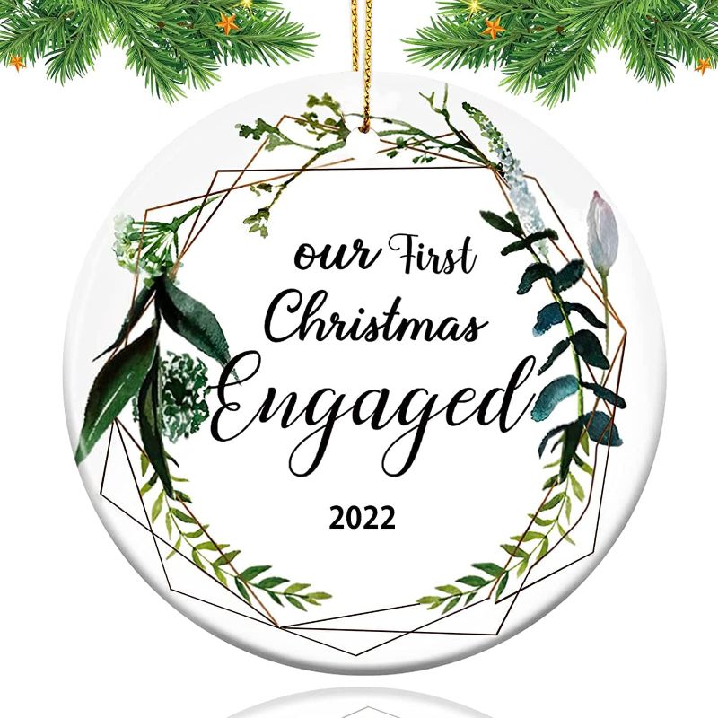 Photo 1 of 2022 Our First Christmas Engaged Ornaments, Engagement Wedding Bridal Shower Gift for Couple, Ceramics Two-Side Printed Xmas Ornaments Decorations for Christmas Trees 3 Inch
