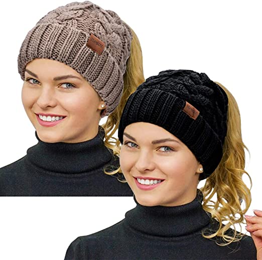 Photo 1 of Rosoz Ponytail Beanie for Women,Winter Warm Beanie Tail Soft Stretch Cable Knit Messy High Bun Hat
