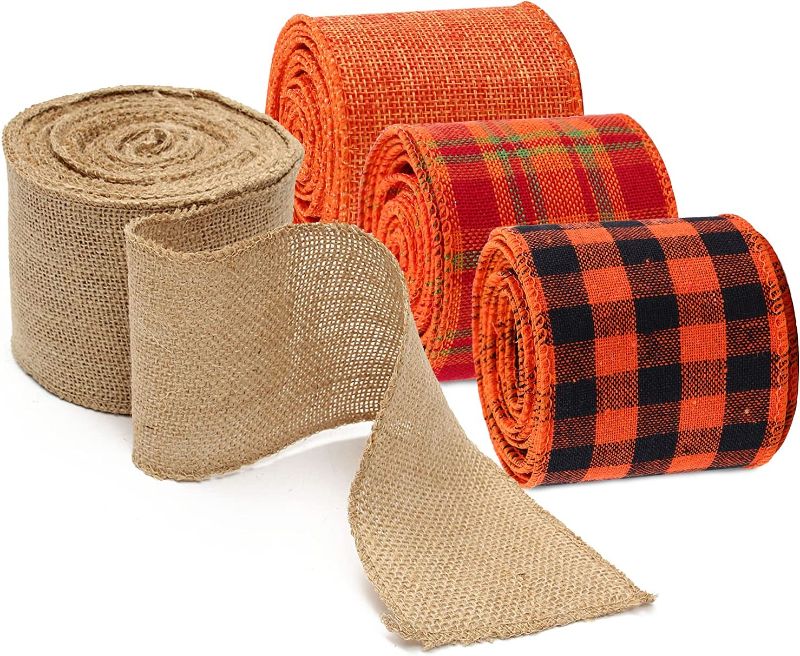 Photo 1 of 4 Rolls Thanksgiving Burlap Ribbon, Fall Wired Edge Wrapping Ribbon Craft Ribbon Multi-Color Buffalo Plaid Ribbon for Fall Thanksgiving Decoration Floral Bows Crafts, 2" x 6.6Yards Per Roll
