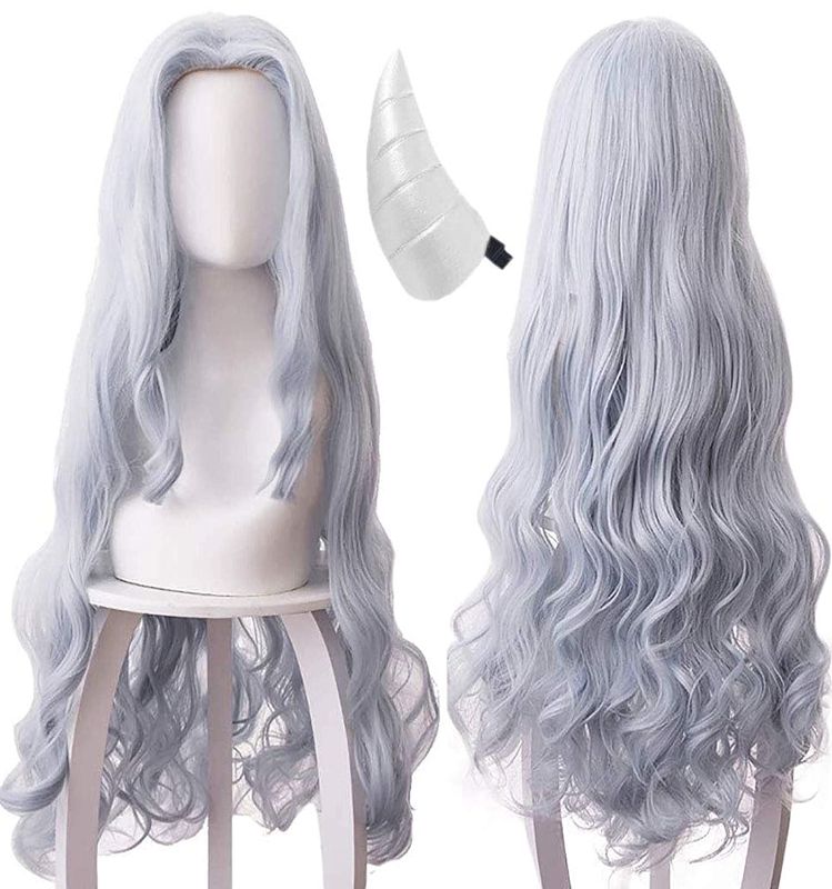 Photo 1 of ANOGOL Wig+{ 1 Horn } Gray Blue Wigs Long Wavy Cosplay Wig Gray Blue Wavy Synthetic Wigs For Women Girls Men Boys Dress Up Wig For Anime Cartoon Costume Party Wig For Halloween Wig For Christmas Wig