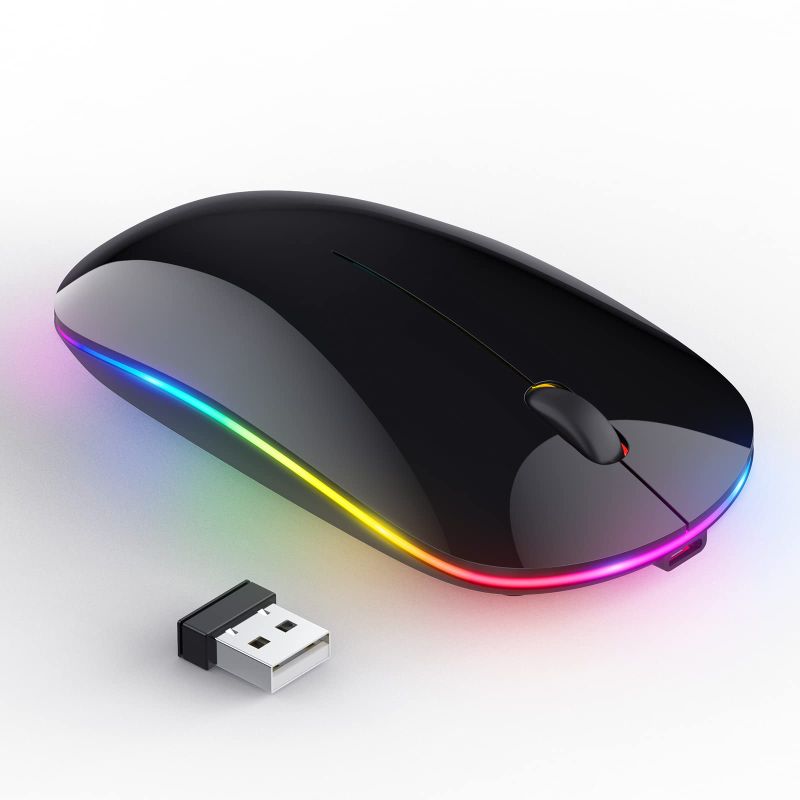 Photo 1 of 2 COUNT..... RGB Wireless Mouse, Slim Rechargeable Wireless Mouse for Laptop, 2.4G Portable USB Cordless Computer Mouse with Simplified 3 Buttons, Adjustable DPI for Notebook, Mac, PC, Laptop, Chromebook Black