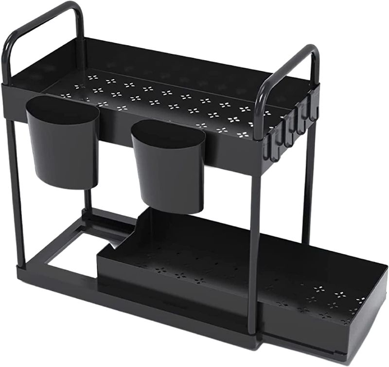 Photo 1 of 2-Tier Multipurpose Under Sink Organizer, Under Shelf Organizer Basket, Sliding Cabinet Storage Drawer with 4 Hooks & 2 Cups with Handles for Kitchen,...
