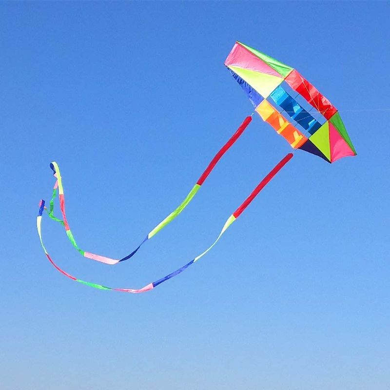 Photo 1 of Beach Kites for Adults Large with Long Tail, 98 inches Super Easy Flyer 3D Rainbow Box Kites, Come with 49 Feet Multi Colors Tails x 2, Kite Handle with 300ft String
