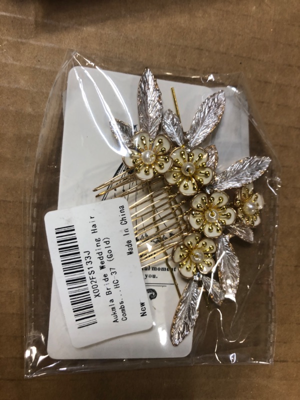 Photo 2 of 1pc---Aukmla Flower Bride Wedding Hair Comb with Hair Pins Gold Leaf Bridal Hair Piece Crystal Hair Jewelry Pearl Hair Accessories for Women and Girls  