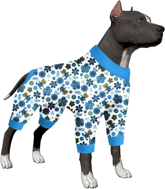 Photo 1 of LovinPet Pets Apparel, Pet Anxiety Relief, Sun Protection Dog Pajamas, Comfy Stretchy Fabric, Cats Flowers Blue Prints Big Dog Recovery Suit for Girl Boy Party Dog Apparel SIZE M 
