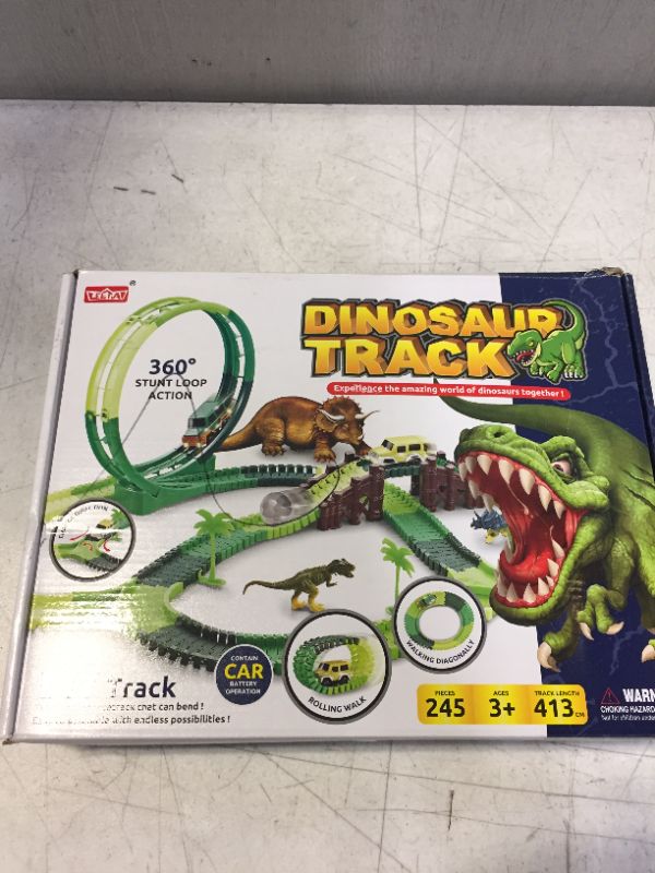 Photo 3 of Dinosaur Toys for Kids 3-5, 245 pcs Dino Race Car Track Create A Dinosaur World Road Race with Flexible Train Track Playset, 2 Electric Dinosaur Race Cars Toy,Best Gift for 3 4 5 Years Old Boys Girls Green