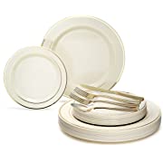 Photo 1 of " OCCASIONS" 150pcs set (25 Guests)- Disposable Heavyweight DinnerwareWedding Plastic Plates & cutlery - 10.5'', 7.5'' + Silverware w/double fork (Ivory & Gold Rim)
