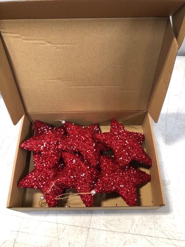 Photo 2 of 6pcs 6Inch Christmas Five-Pointed Star Ornament Glitter Star Decoration Suitable for Christmas Tree Hanging Decoration Wedding Party Festival Pentagram Ornament Gift (Red)