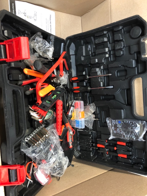 Photo 3 of 21V Cordless Power Drill Set, 153Pcs Household Power Tools Drill Set with 2 Batteries, 1H Fast Charger, 24+1 Torque Setting, 2 Variable Speed Power Drill Set, Household Hand Tool Kit for Home Repair Black Red ** MISSING PCS UNKNOWN ** ** USED & DIRTY ** 