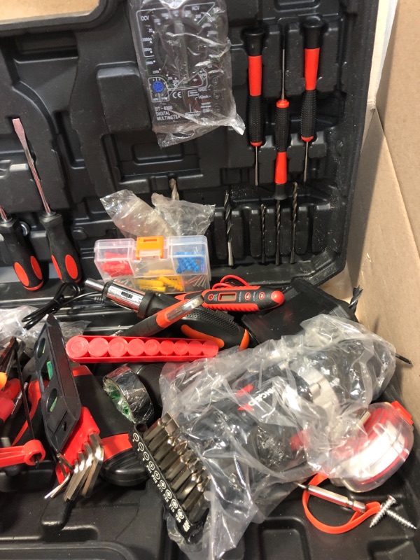 Photo 5 of 21V Cordless Power Drill Set, 153Pcs Household Power Tools Drill Set with 2 Batteries, 1H Fast Charger, 24+1 Torque Setting, 2 Variable Speed Power Drill Set, Household Hand Tool Kit for Home Repair Black Red ** MISSING PCS UNKNOWN ** ** USED & DIRTY ** 