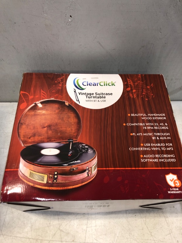 Photo 2 of ClearClick Vintage Suitcase Turntable with Bluetooth & USB - Classic Wooden Retro Style  -- FACTORY SEALED --
 