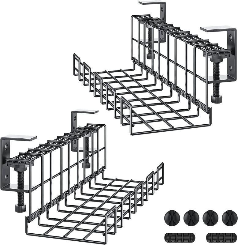 Photo 1 of 2 Packs Large Under Desk Cable Management Tray - Yecaye Clamps Install No Drill to Desk Cable Rack - No Damage to Tables - Desk Cord Organizer - Sturdy Metal Cable Management Tray for Office Home  -- OPEN BOX, PARTS POSSIBLY MISSING --
