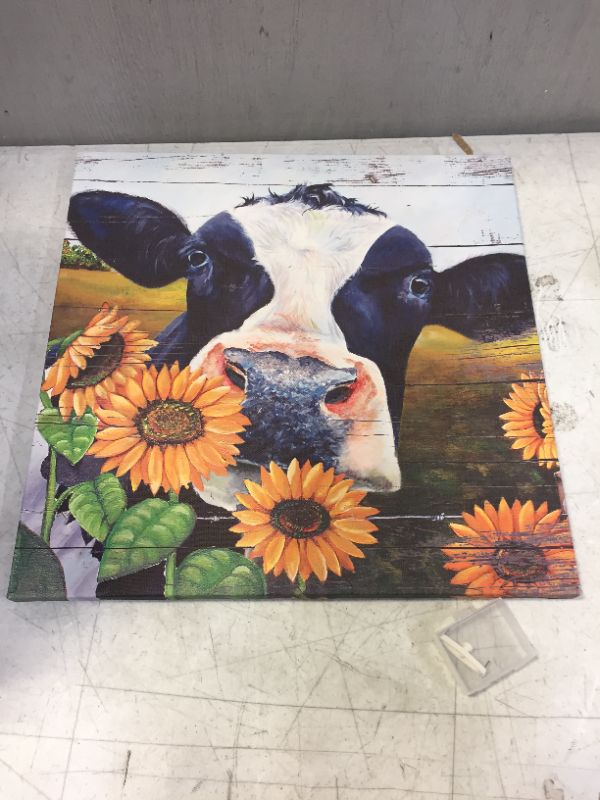 Photo 2 of Cow Wall Art Farmhouse Cow Pictures Wall Decor Country Sunflower and Cow Painting Canvas Print Decor Rustic Wall Decor for Kitchen Bathroom Dining Room Framed Artwork Farm Cow Wall Decor 12"x12" Sunflower Cow 12x12inch