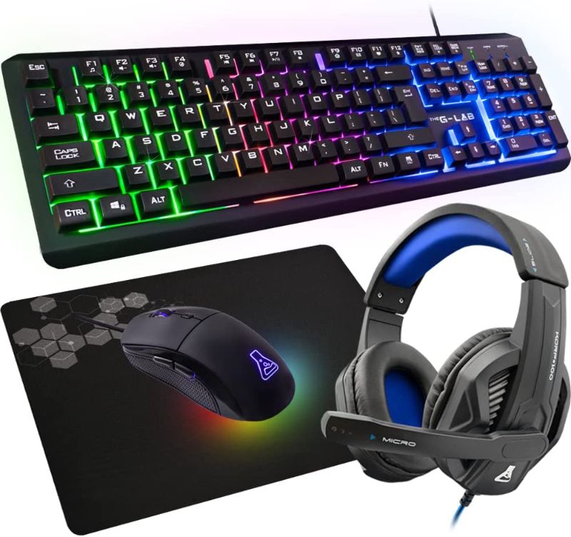 Photo 1 of G-LAB Combo Selenium - 4 in 1 Gaming Set - Backlit QWERTY Gaming Keyboard, 3200 DPI Gaming Mouse, Headset Gaming, Non-Slip Mouse Pad – Gamer Pack Compatible with PC/PS4/PS5/Xbox One/Xbox Series X