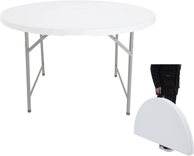 Photo 1 of  4-Foot Round Bi-Fold White Plastic Event Folding Table with Handle, 48*48*29