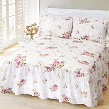 Photo 1 of 100% Cotton Ruffle Bed Skirt with Quilted Platform-Queen 20? Deep Drop Floral Bedspread 3-Side Dust Ruffle Drape Fitted Sheet (Rose, King)
