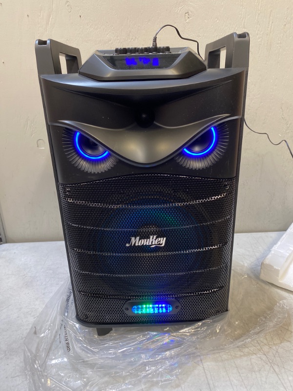 Photo 2 of Moukey Karaoke Machine, PA System Subwoofer, Portable Bluetooth Speaker w/ 2 Wireless Microphones, Lyrics Display Holder, Party Lights & Echo/Treble/Bass Adjustment, Support TWS/REC/AUX/MP3/USB/TF/FM 10" Subwoofer