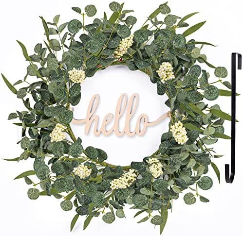 Photo 1 of 20” Eucalyptus Wreath for Front Door Outside,Green Wreaths Greenery Porch Decor for Winter,Spring,Summer,Christmas,All Season,Year Round,Holiday(with Sign&Hanger, Assembly Needed)