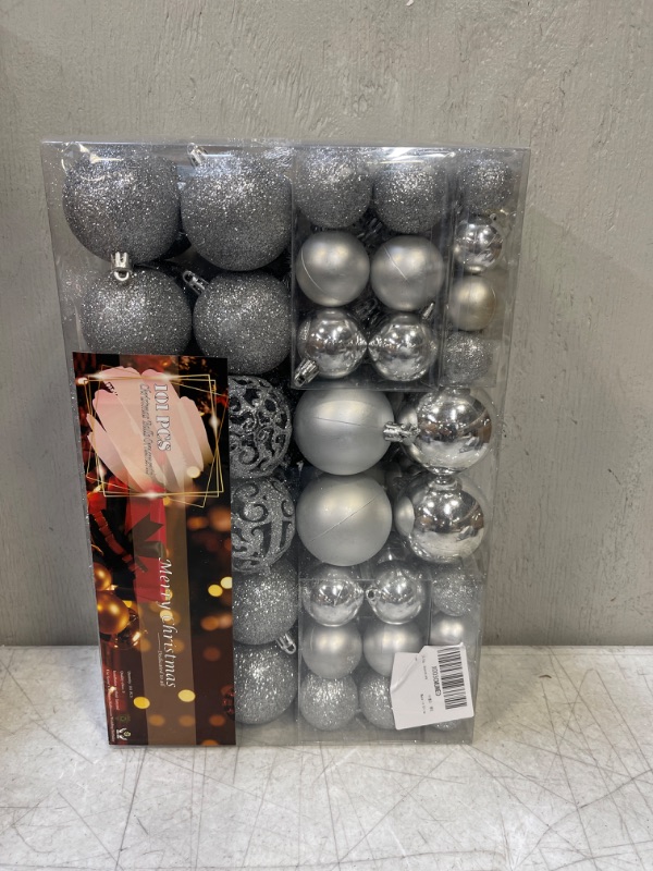 Photo 2 of 101 Piece Christmas Balls Ornaments Luxury Set Xmas Tree Topper and Hang Rope, Emopeak Christmas Baubles - Shatterproof Mini Holiday Balls for Christmas Decorations 1.2"-1.57"-2.36" Silver