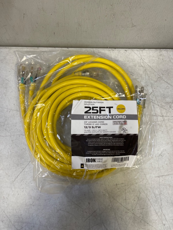 Photo 2 of 25 Ft Weatherproof 1 to 3 Outdoor Extension Cord Splitter - 12/3 SJTW [31 Ft Total Length] Heavy Duty Lighted End Yellow Power Cord Splitter with 3 Prong - Multi Outlet Christmas Light Decorations 25 Foot Splitter