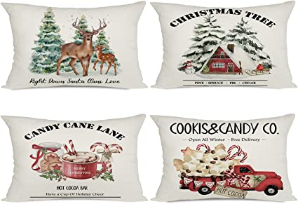 Photo 1 of Artmag 12x20 Set of 4 Christmas Pillow Covers,Christmas Decorations Deer Cookis Candy Cane Lane Christmas Tree Outdoor Pillow Covers Cases Slipcovers for Couch Sofa- Sealed