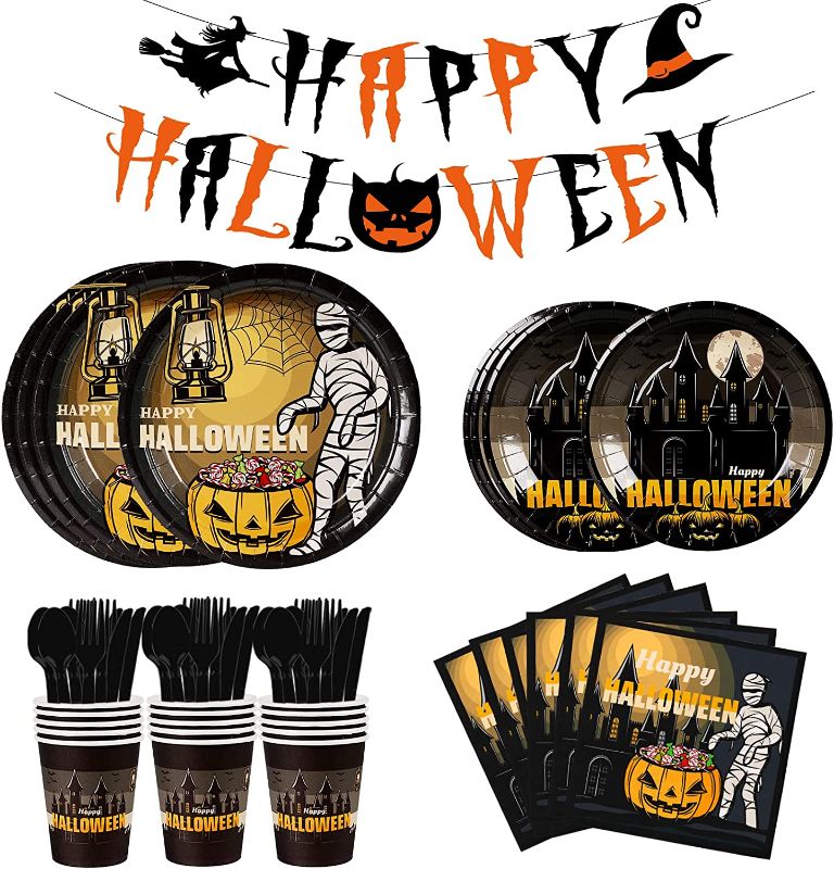 Photo 1 of 113 Pcs Halloween Party Supplies, 16 Guest Halloween Paper Plates and Napkins Cups Cutlery Sets with Dinner Dessert Paper Plates,Cups,Napkin for Halloween Party
