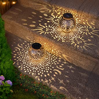 Photo 1 of 2Pack Solar Garden Lanterns Outdoor Hanging Lights Decorative Metal Moon Star Sun Solar Lanterns for Patio, Yard, Table, Pathway Decoration Waterproof (Bronze)