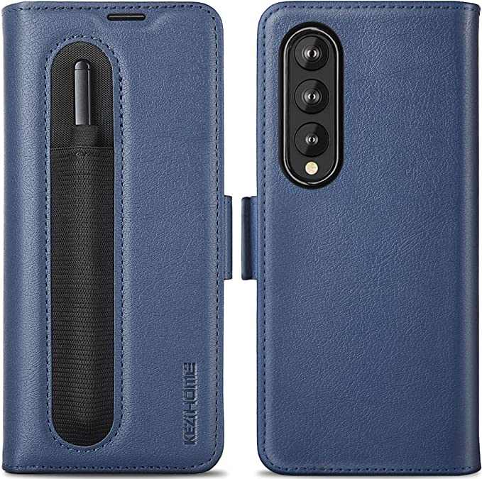 Photo 1 of KEZiHOME Galaxy Z Fold 3 Case with S Pen Holder, Samsung Galaxy Z Fold 3 Wallet Case PU Leather [RFID Blocking] Card Slot Shockproof Flip Phone Cover Compatible with Z Fold 3 5G (2021) (Dark Blue)