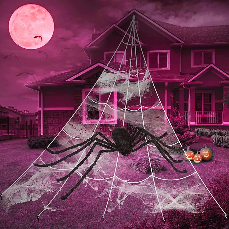 Photo 1 of 2 COUNT Giant Spider Web Halloween Decoration,Ougist 140" Giant Spider Web + 50" Giant Spider Halloween Decoration Outdoor Graveyard Decor Stretch Spider Web with Hairy Fake Spider for Haunted House Party