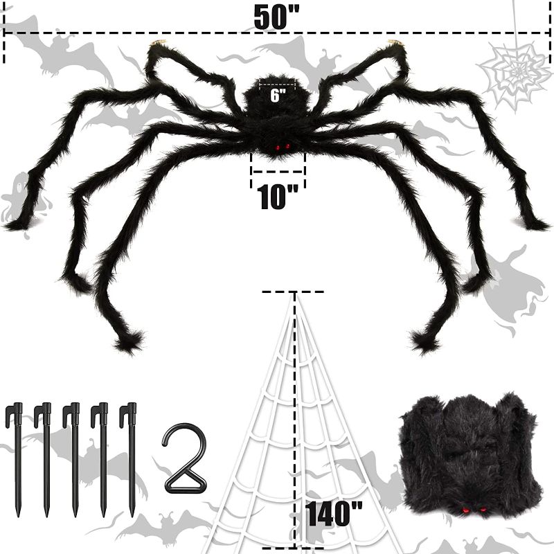 Photo 2 of 2 COUNT Giant Spider Web Halloween Decoration,Ougist 140" Giant Spider Web + 50" Giant Spider Halloween Decoration Outdoor Graveyard Decor Stretch Spider Web with Hairy Fake Spider for Haunted House Party