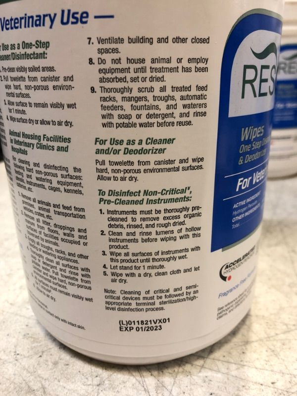 Photo 2 of REScue One-Step Disinfectant Cleaner & Deodorizer for Veterinary Use, EPA Registered Accelerated Hydrogen Peroxide, No Added Fragrance, Standard Size 6x7-Inch Sheets, 160-Wipes Canister (Pack of 1)- Exp 01/2023