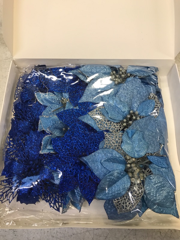 Photo 2 of 24 Pcs 4 Styles Christmas Blue Metallic Mesh Glitter Artificial Poinsettia Flower Stems Tree Ornaments in Box for Blue Christmas Tree Wreaths Garland Floral Gift Winter Wedding Holiday Decoration