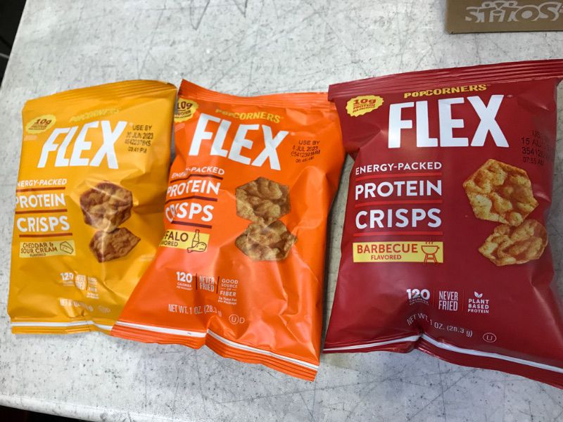 Photo 1 of Popcorners Flex Protein Crisps, 20 Count
Buffalo  Flavored - Exp 07/04/2023
Cheddar & Sour Cream Flavored - Exp 06/20/2023
Barbecue Flavored - Exp Aug 15 2023