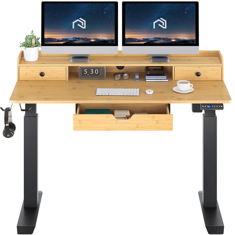 Photo 1 of Rolanstar Electric Standing Desk with Drawers, Height Adjustable Desk with Power Outlet & Monitor Shelf, Stand Up Home Office Desk with Headphone Hooks