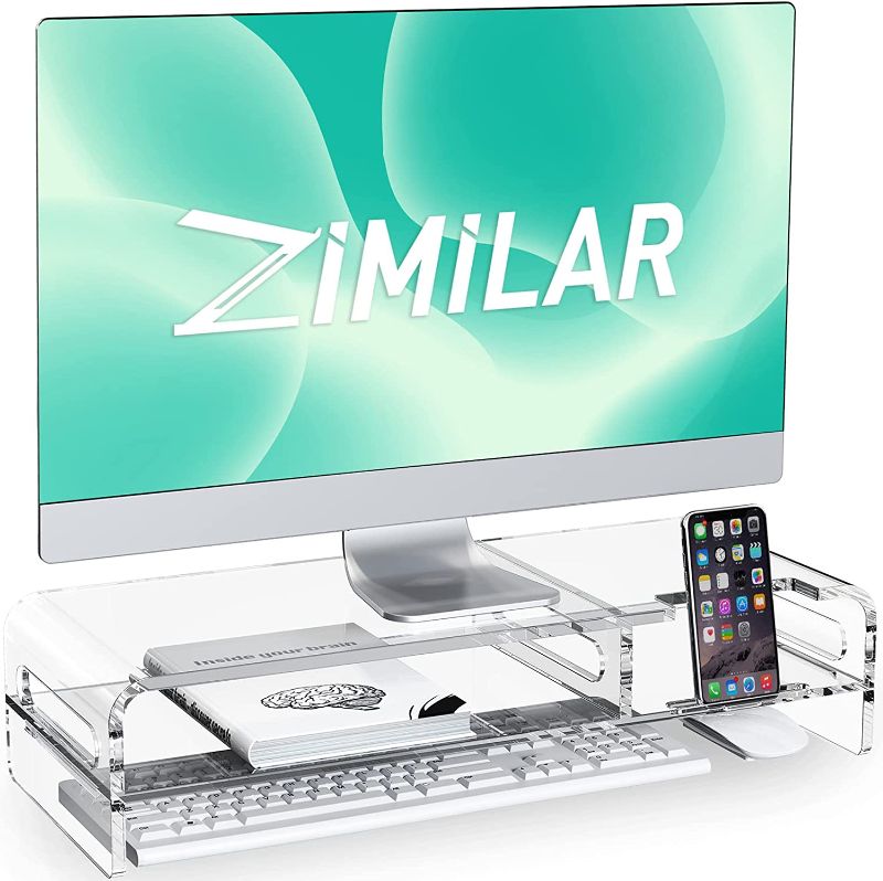 Photo 1 of Zimilar Large Acrylic Monitor Stand Riser, 20 inch Acrylic Monitor Stand, 2-Tier Clear Monitor Stand Riser, Premium Acrylic Monitor Stand for Desk with Keyboard Storage, Clear Acrylic Laptop Stand with Built-in Phone Holder
