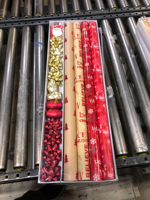 Photo 2 of (2 Pack) Wrapping Paper, 4 Rolls of Red Christmas Birthday Wrapping Paper. Includes Christmas Tree, Snowflake, Merry Christmas, HO HO HO Elements. Includes Decorative Flowers, Ribbons, Labels. Each Roll of Gift Wrap Paper ,easures 27.5 In X 13 ft