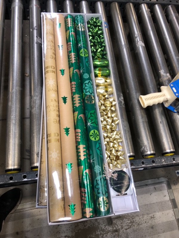 Photo 2 of (2 Pack) Wrapping Paper, 4 Rolls of Green Christmas Birthday Wrapping Paper. Includes Christmas Tree, Snowflakes, Merry Christmas Elements. Includes Decorative Flowers, Ribbons, Labels. Each Roll of Gift Wrap Paper Measures 27.5 In X 13 ft