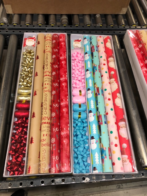 Photo 2 of (Pack of 2 with different Design) Wrapping Paper, 4 Rolls of Red Christmas Birthday Wrapping Paper. Includes Christmas Tree, Snowflake, Merry Christmas, HO HO HO Elements. Includes Decorative Flowers, Ribbons, Labels. Each Roll of Gift Wrap Paper ,easures