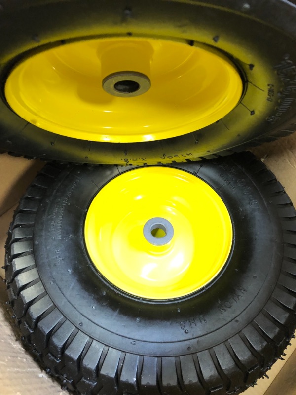 Photo 3 of (2 Pack) AR-PRO Exact Replacement 15" x 6.00 - 6" Front Tire and Wheel Assemblies for John Deere Riding Mowers - Compatible with John Deere 100 and D100 Series - 3” Hub Offset and 3/4” Bushings 15" x 6.00-6" Yellow