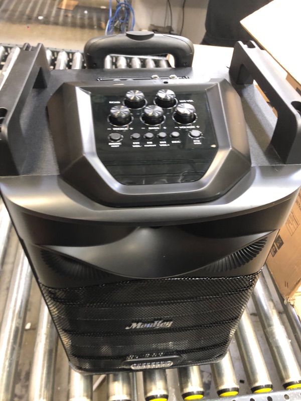 Photo 4 of Moukey Karaoke Machine, PA System Subwoofer, Portable Bluetooth Speaker w/ 2 Wireless Microphones, Lyrics Display Holder, Party Lights & Echo/Treble/Bass Adjustment, Support TWS/REC/AUX/MP3/USB/TF/FM
