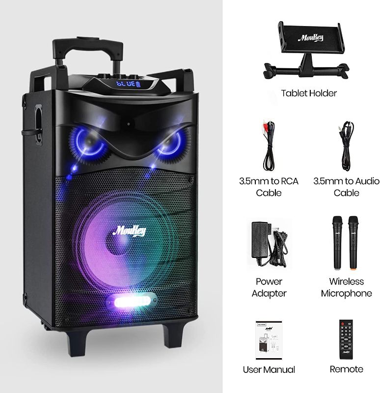 Photo 1 of Moukey Karaoke Machine, PA System Subwoofer, Portable Bluetooth Speaker w/ 2 Wireless Microphones, Lyrics Display Holder, Party Lights & Echo/Treble/Bass Adjustment, Support TWS/REC/AUX/MP3/USB/TF/FM
